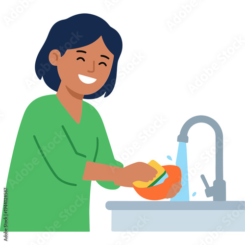 Woman washing a bowl with a sponge under running water in a kitchen sink