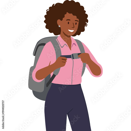 A young woman wearing a pink shirt and backpack smiles while adjusting her bag straps.