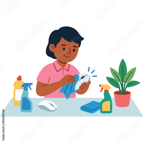 A woman cleans a surface with a cloth and various cleaning products around her.