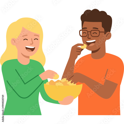 Two friends eating snacks and laughing together in casual setting