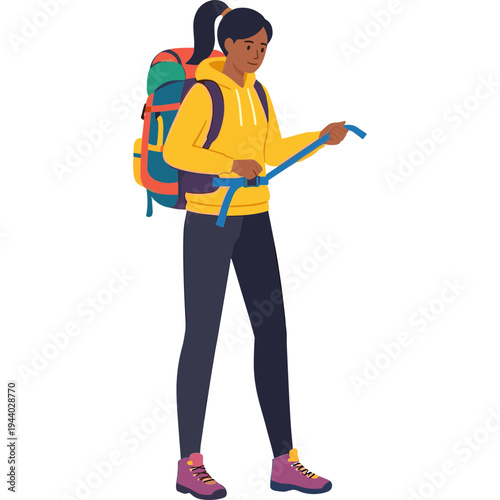 Woman wearing backpack and holding trekking poles while standing outdoors