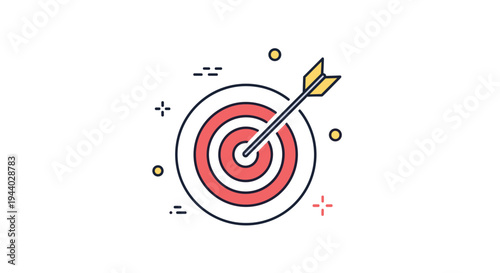 Archery target with an arrow hitting the bullseye represents goal achievement, success, precision, and business targeting strategy.