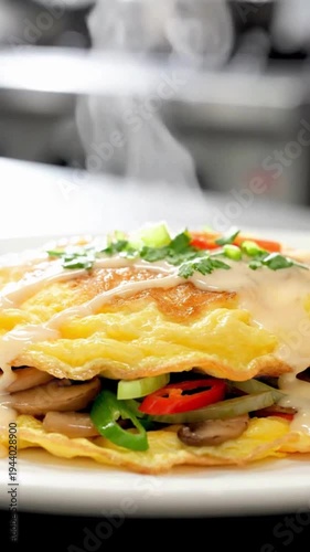 Fresh Gourmet Vegetable Omelet with Mushrooms and Creamy Sauce