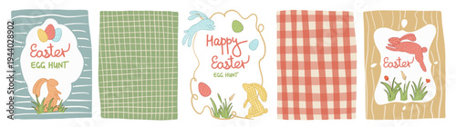 whimsical Easter greeting card Hand drawn set with bunny, eggs, flowers, grass. Naive sketch style spring illustrations on pastel checkered and striped backgrounds for Easter greetings, nursery decor.