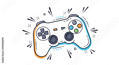 Video game controller with explosive comic style lines and shapes symbolizes action, excitement, and immersive digital entertainment.