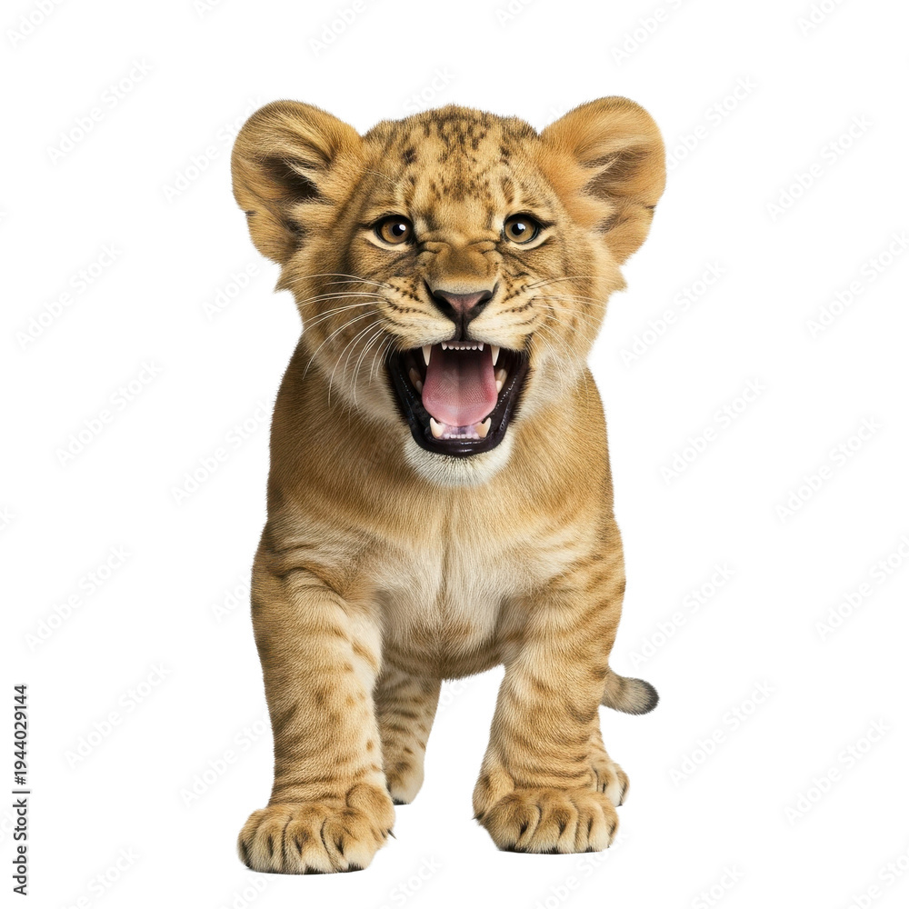 Obraz premium Lion Cub Roaring Aggressively Front View