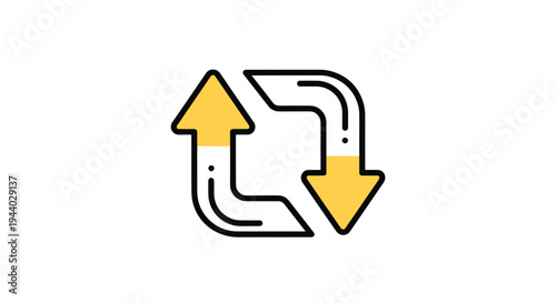 Two curved arrows in a circular motion with yellow tips illustrate refreshing, syncing, updating, or continuous process recycling.