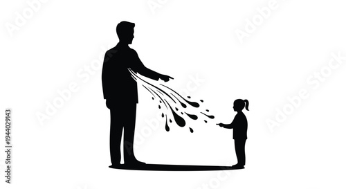 father teaching child with paint splatters