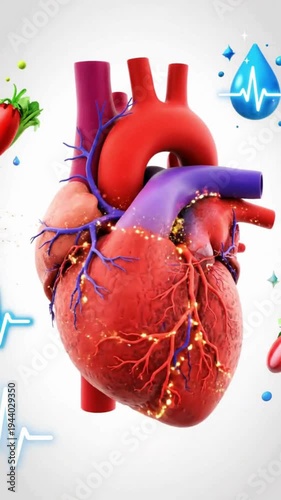 3D Anatomical Human Heart with Healthy Lifestyle Icons and EKG