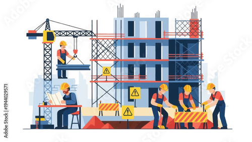 Construction Site Teamwork: Workers, Crane, and Scaffolding Building a New Structure. Engineering and Real Estate Development Vector.