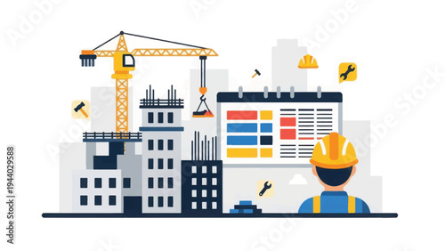 Construction Management and Project Scheduling. Real Estate Development Site with Worker, Crane, and Calendar Planning. Flat Vector Illustration.