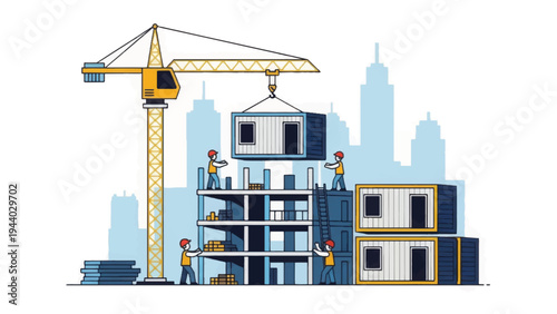Modular Construction Site: Crane Lifting Prefabricated Unit. Workers Assembling Modern Housing Structure in City. Vector Illustration.