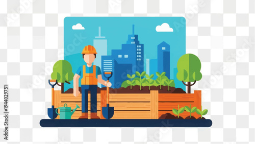 Gardener Working in Urban Farming Raised Beds. Sustainable City Agriculture Concept Illustration with Texture.