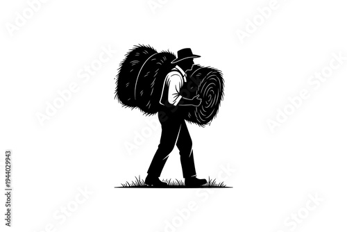 Silhouette of farmer carrying hay bales: rural agriculture theme