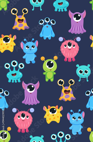 Vector pattern with cute naive aliens. Childish texture with Martians. Seamless pattern with hand drawn monsters on dark background for wallpaper and fabric