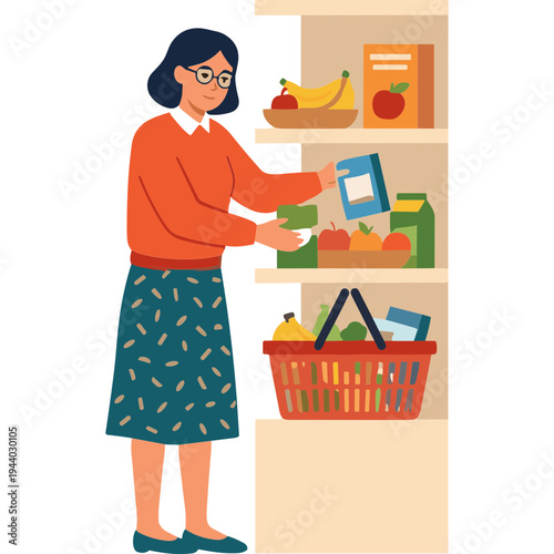 Woman shopping for food products in a store with a basket
