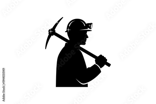 Miner silhouette with pickaxe and helmet in profile view