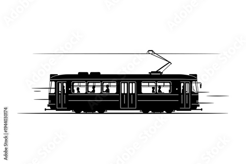 Silhouette of a vintage tram with passengers in motion