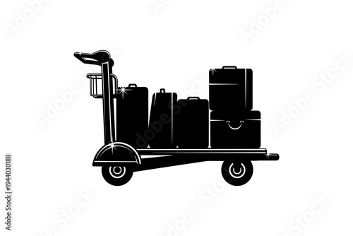 Airport luggage cart silhouette with suitcases on white background