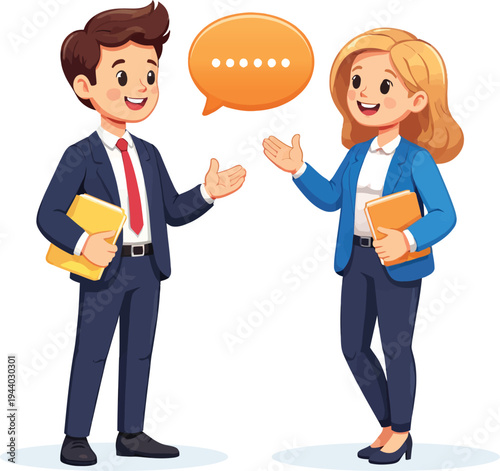 A businessman in a suit is talking with a businesswoman