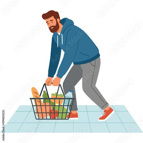 Man pushing grocery cart filled with fresh produce and bread indoors