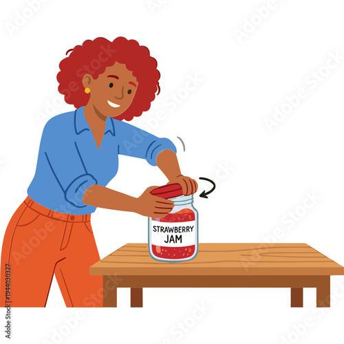 Woman opening strawberry jam jar on wooden table indoors