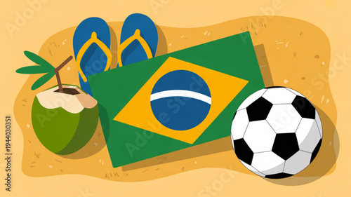 Brazilian beach vacation concept with soccer ball flag flip flops and coconut on sand