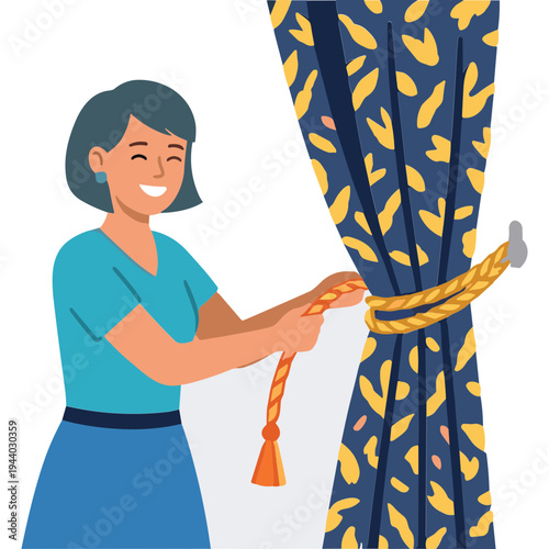 Woman opening curtains with tassel tieback indoors