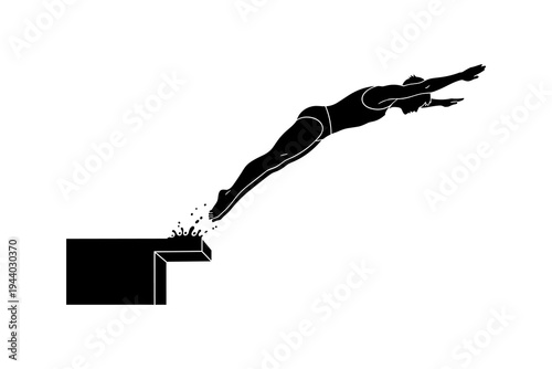 Silhouette of diver leaping into water from platform