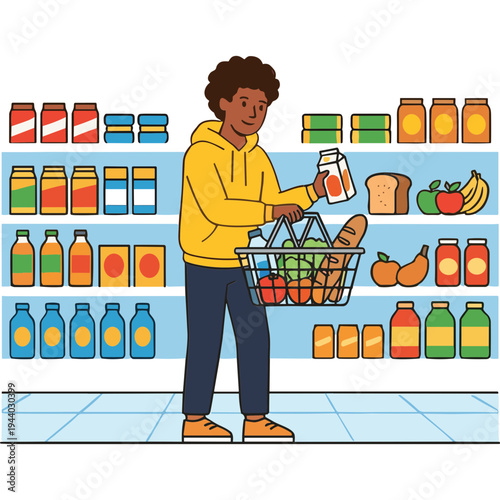 Man shopping for food and drinks in a grocery store aisle with shelves
