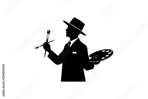 Artist silhouette: painter with brushes and palette in black and white art design