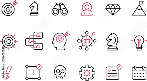 Business Strategy Icons Set With Target Chess Knight Binoculars And Diamond arrow horse