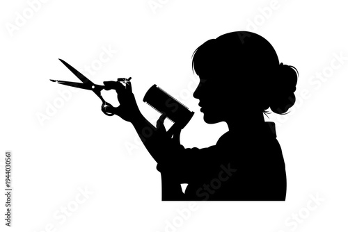 Silhouette of hairstylist cutting hair with scissors and comb on white background