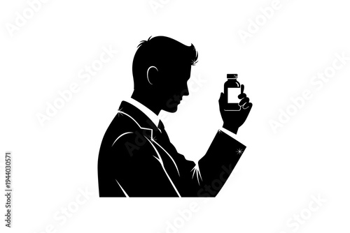 Businessman silhouette examining medication bottle