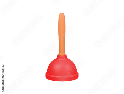 Red rubber cup plunger with a wooden handle icon 3d render illustration