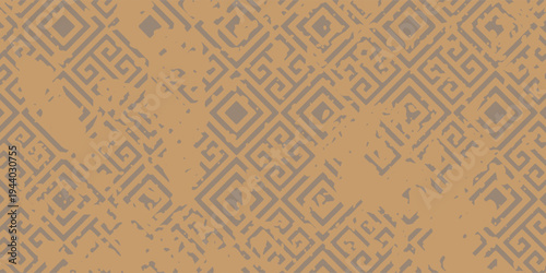 Seamless ornamental geometric pattern with classic diamond motifs and worn grunge overlay. Elegant neutral color background suitable for packaging, fabric design, and decorative surfaces.