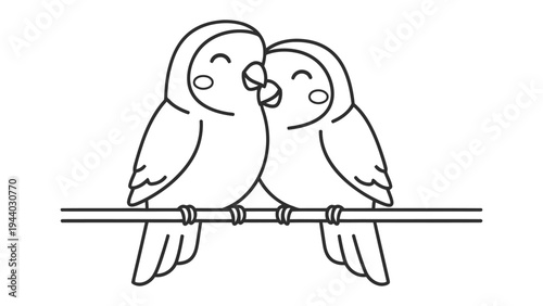 Birds in Love: Two endearing birds, perched intimately side by side on a branch, radiate affection in this charming line art illustration.