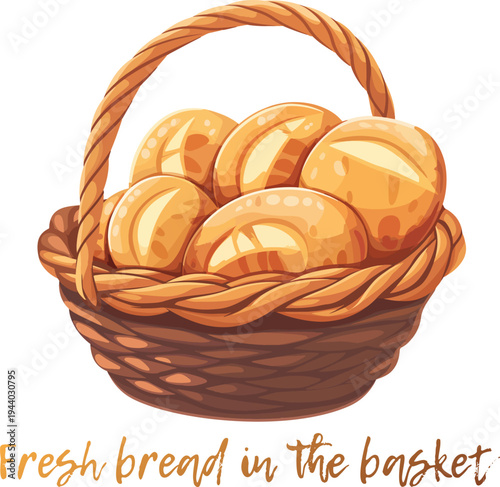 Fresh organic wheat bread in a woven basket vector icon isolated on white background. Golden brown crust and warm hues of home-baked goodness. For food blogs, bakery websites