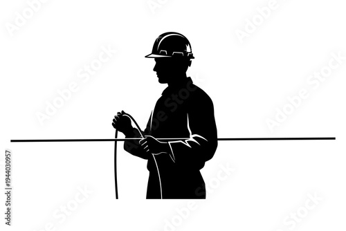 Construction worker silhouette with helmet and rope in profile on white background