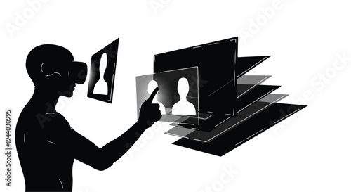 man wearing VR headset interacting with virtual profile