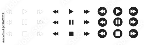 Media player control button set with play pause stop fast forward and rewind icons in outline solid and circle styles