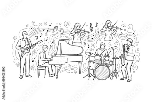 Musical ensemble sketch with guitar, piano, violin, drums, and saxophone players