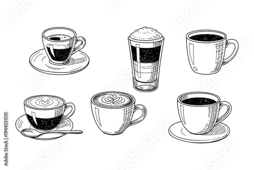 Elegant hand drawn coffee cups with latte art and cappuccino styles