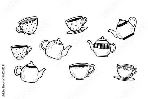 Hand drawn teapots and teacups with patterns in black and white sketch style
