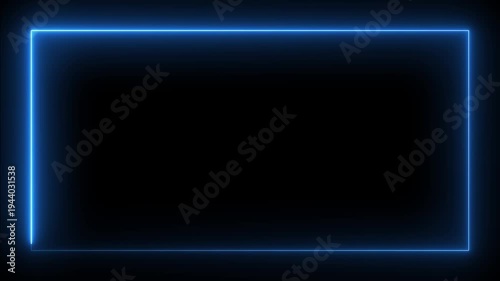 glowing neon blue color square rectangle picture frame icon animation display neon box footage shape round seamless border retro movement on black background
