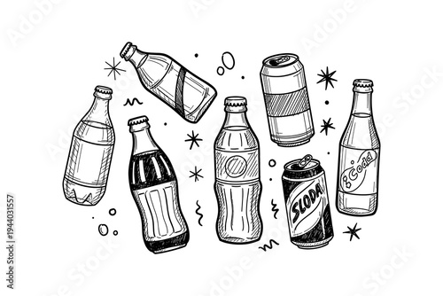 Hand drawn soft drink bottles and cans with doodle elements in black and white