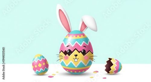 Easter bunny egg with colorful patterns and broken egg pieces easter egg rabbit