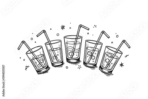 Hand drawn collection of glasses with drinks and straws in linear style