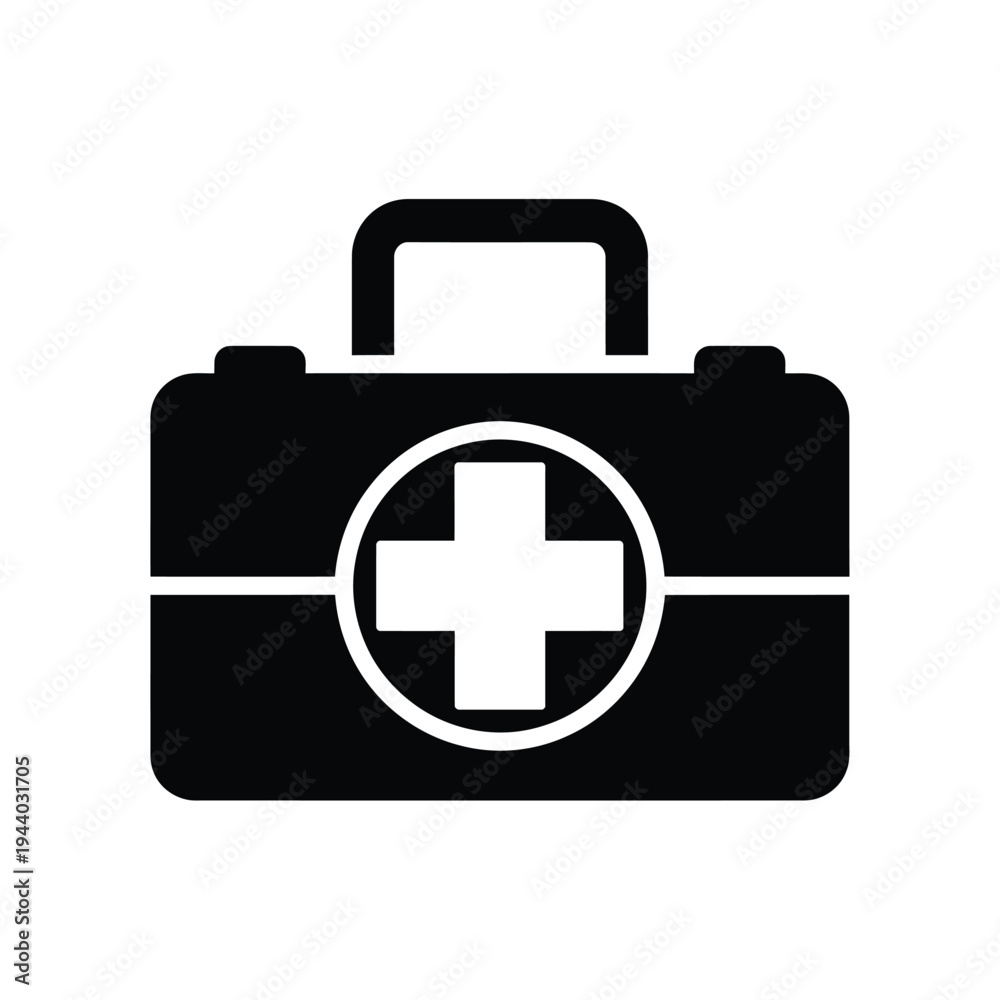 Fototapeta premium Black First Aid Kit Icon Vector Illustration for Medical Emergency, Healthcare, and Safety Design Elements
