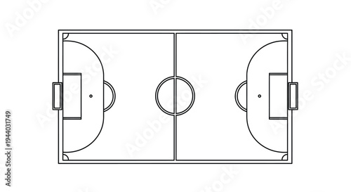 Aerial view of a simplified soccer field with outlined markings